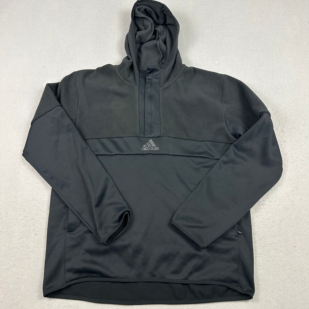 Adidas Jacket Men Large Black Solid Fleece Hybrid 1/4 Zip Pullover Pocket Hood *
